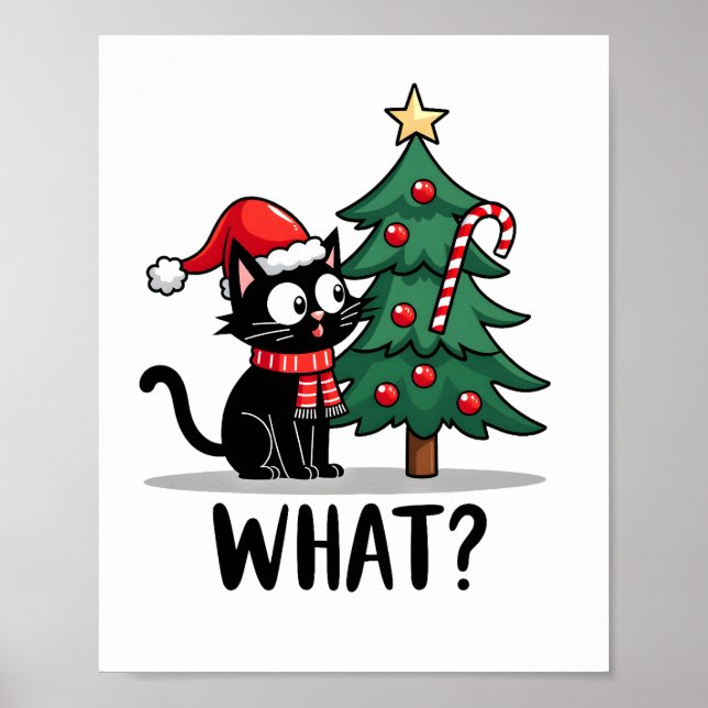 Funny Black Cat Gift Pushing Christmas Tree Over C Poster (Front)