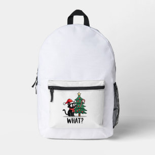 Funny Black Cat Gift Pushing Christmas Tree Over C Printed Backpack