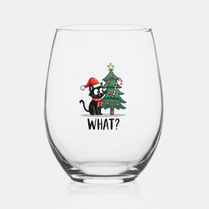 Funny Black Cat Gift Pushing Christmas Tree Over C Stemless Wine Glass