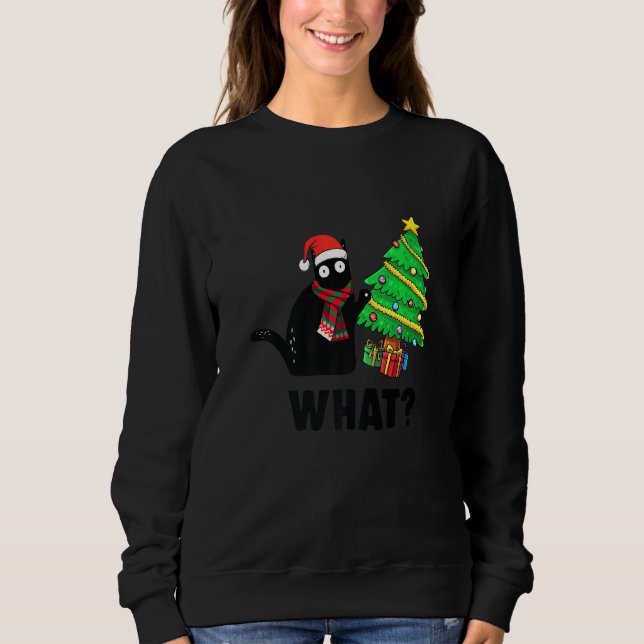 Funny Black Cat Gift Pushing Christmas Tree Over C Sweatshirt (Front)