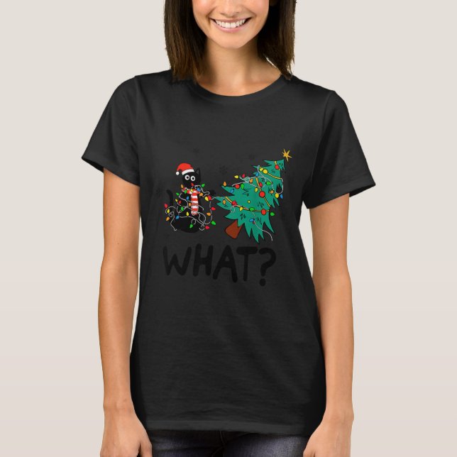 Funny Black Cat Gift Pushing Christmas Tree Over C T-Shirt (Front)