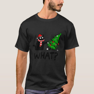 Funny Black Cat Gift Pushing Christmas Tree Over C T-Shirt