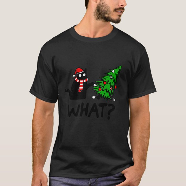Funny Black Cat Gift Pushing Christmas Tree Over C T-Shirt (Front)