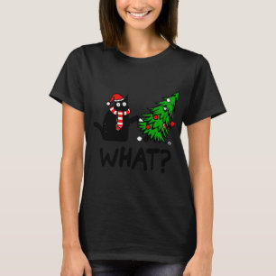 Funny Black Cat Gift Pushing Christmas Tree Over C T-Shirt