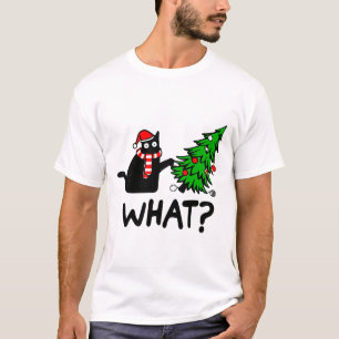 Funny Black Cat Gift Pushing Christmas Tree Over C T-Shirt