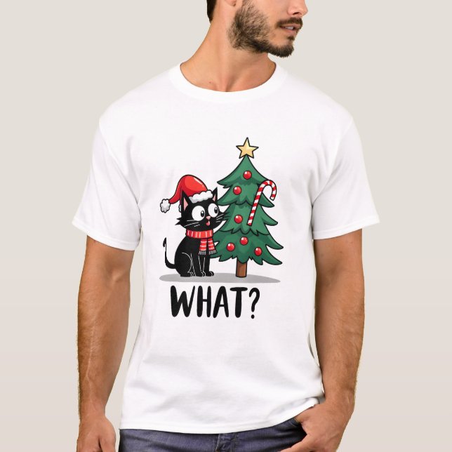 Funny Black Cat Gift Pushing Christmas Tree Over C T-Shirt (Front)