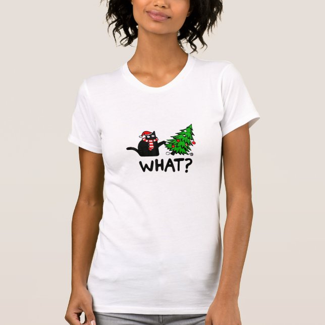 Funny Black Cat Gift Pushing Christmas Tree Over C T-Shirt (Front)