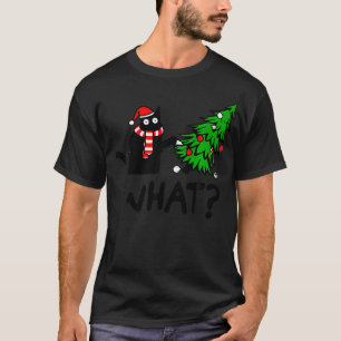 Funny Black Cat Gift Pushing Christmas Tree Over C T-Shirt