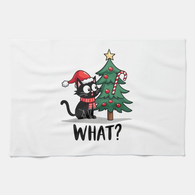 Funny Black Cat Gift Pushing Christmas Tree Over C Tea Towel (Horizontal)