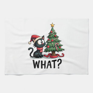 Funny Black Cat Gift Pushing Christmas Tree Over C Tea Towel