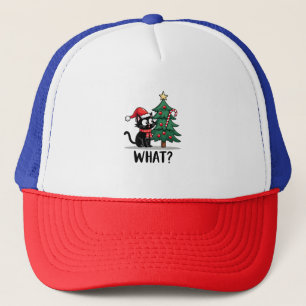 Funny Black Cat Gift Pushing Christmas Tree Over C Trucker Hat