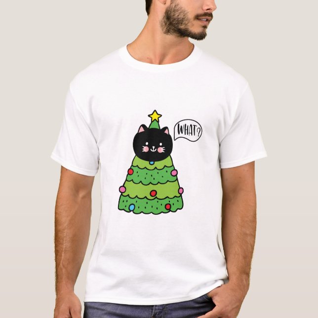Funny Black Cat Gift Pushing Christmas Tree T-Shirt (Front)