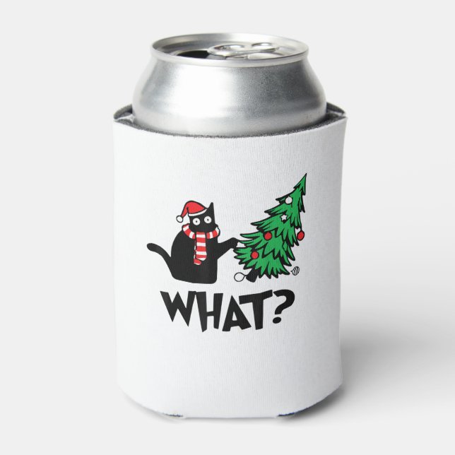 Funny Black Cat Gifts Pushing Christmas Tree Over  Can Cooler (Can Front)