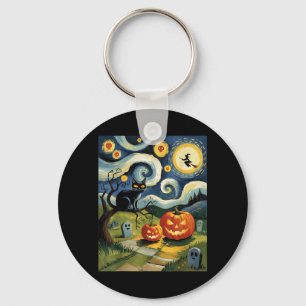 Funny Black Cat Halloween Starry Night Painting Key Ring