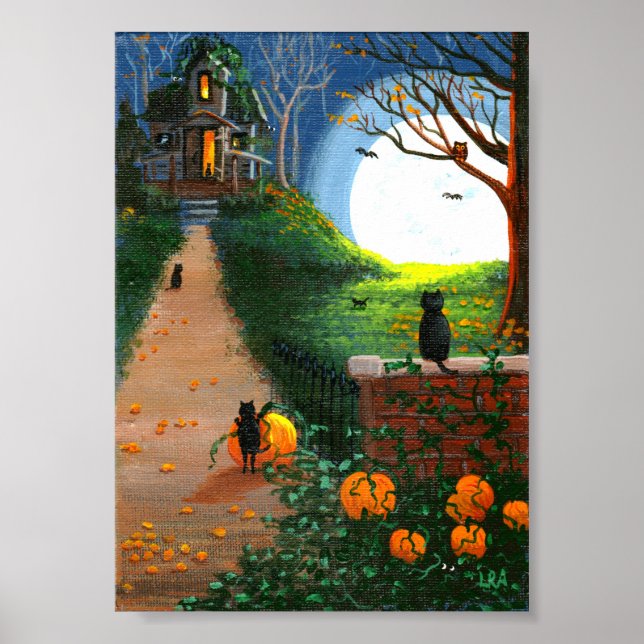 Funny Black Cat Haunted House Trees Creationarts Poster (Front)