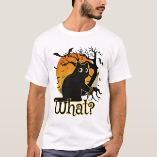Funny Black Cat Holding Knife Halloween T-Shirt