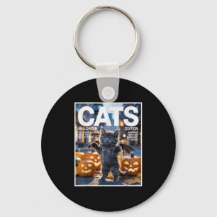 Funny Black Cat In Bat Costume Cute Halloween Zine Key Ring