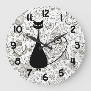 Funny Black Cat in Black and White Flower Garden Large Clock