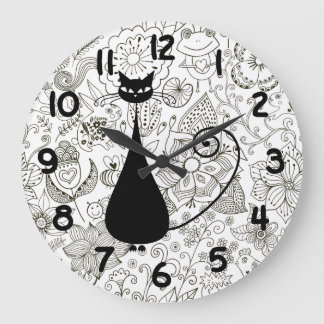 Funny Black Cat in Black and White Flower Garden Large Clock