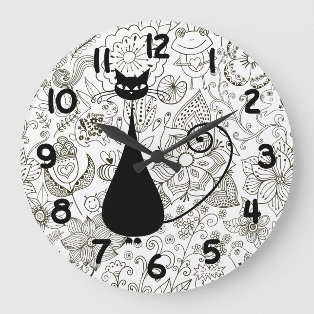 Funny Black Cat in Black and White Flower Garden Large Clock (Front)
