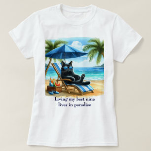 Funny Black Cat in Paradise Beach Time T-Shirt