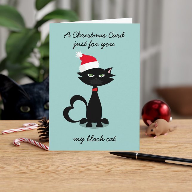 Funny Black Cat in Santa Hat Christmas Card (If you send a Christmas card to your cat, can we be friends? I send one every year. Add your message)
