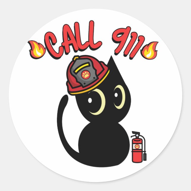Funny Black cat is a firefighter  Classic Round Sticker (Front)