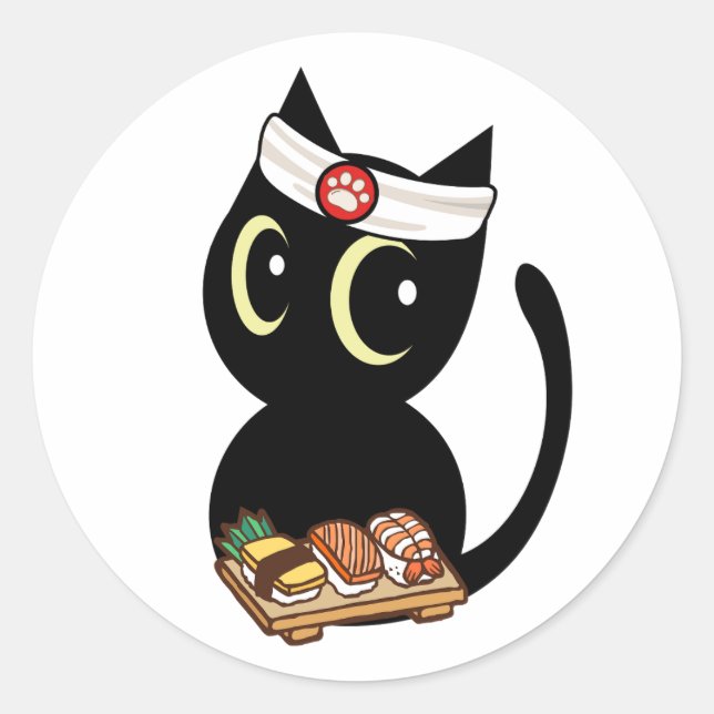 Funny black cat is a sushi chef classic round sticker (Front)