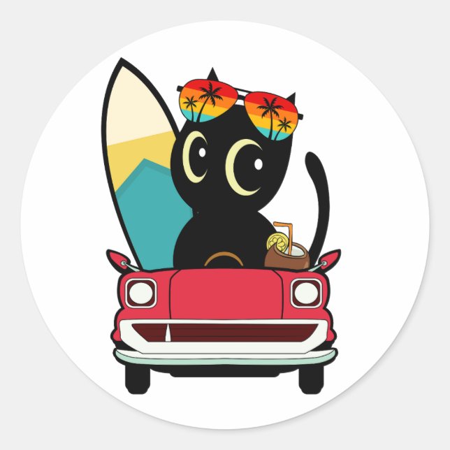 Funny Black cat is driving to the beach Classic Round Sticker (Front)