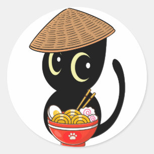 Funny black cat is eating noodles classic round sticker