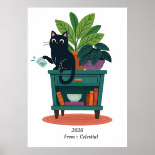 Funny Black Cat Knocking Over Glass  Poster