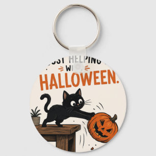 Funny Black Cat Knocking Over Pumpkin Halloween Key Ring