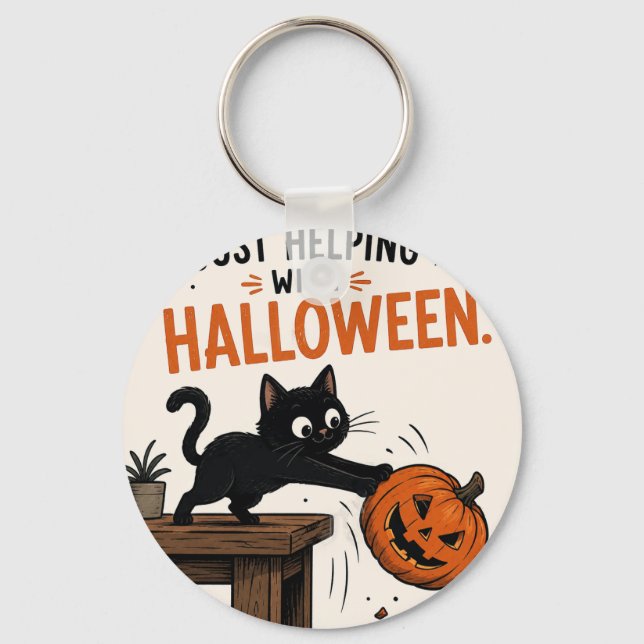 Funny Black Cat Knocking Over Pumpkin Halloween Key Ring (Front)