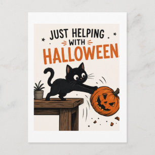 Funny Black Cat Knocking Over Pumpkin Halloween Postcard