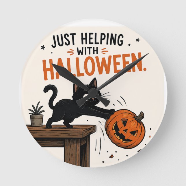 Funny Black Cat Knocking Over Pumpkin Halloween Round Clock (Front)