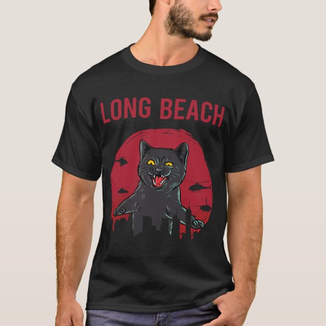 Funny Black Cat Long Beach T-Shirt (Front)