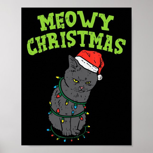 Funny Black Cat Meowy Christmas Funny Cat Men Boys Poster (Front)