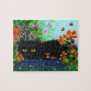 Funny Black Cat Mice Flowers Creationarts Jigsaw Puzzle