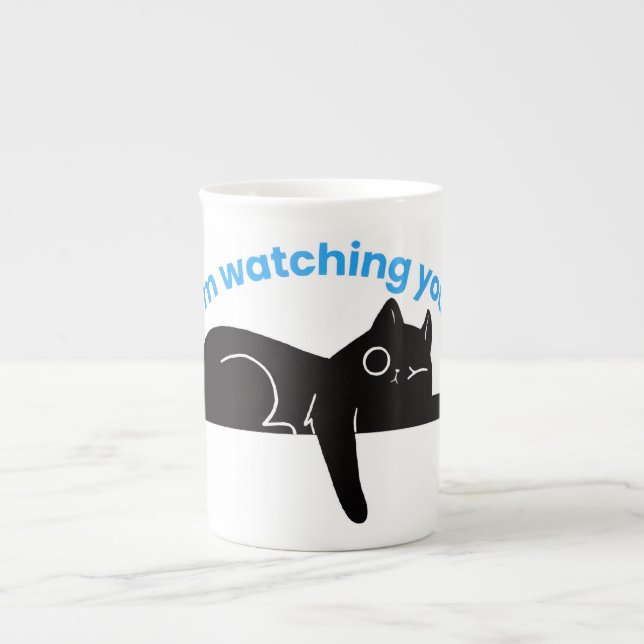 Funny Black Cat  Minimal Illustration Bone China Mug (Front)