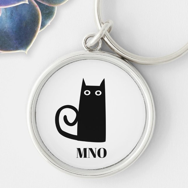 Funny Black Cat Monogram Key Ring (Fun black cat monogram personalize metal key ring)