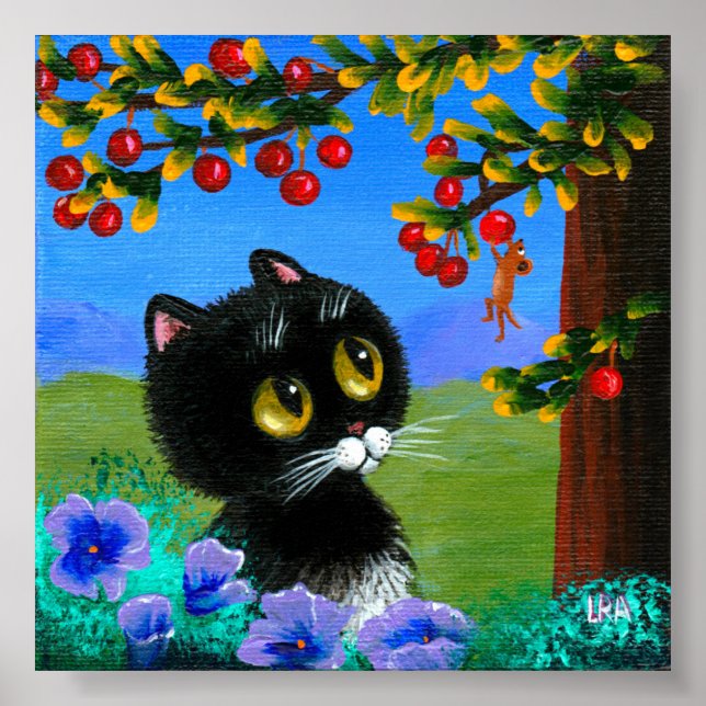 Funny Black Cat Mouse Cherries Creationarts Poster (Front)