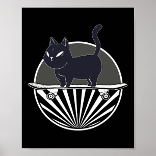 Funny Black Cat On Skateboard Retro Skateboarder V Poster