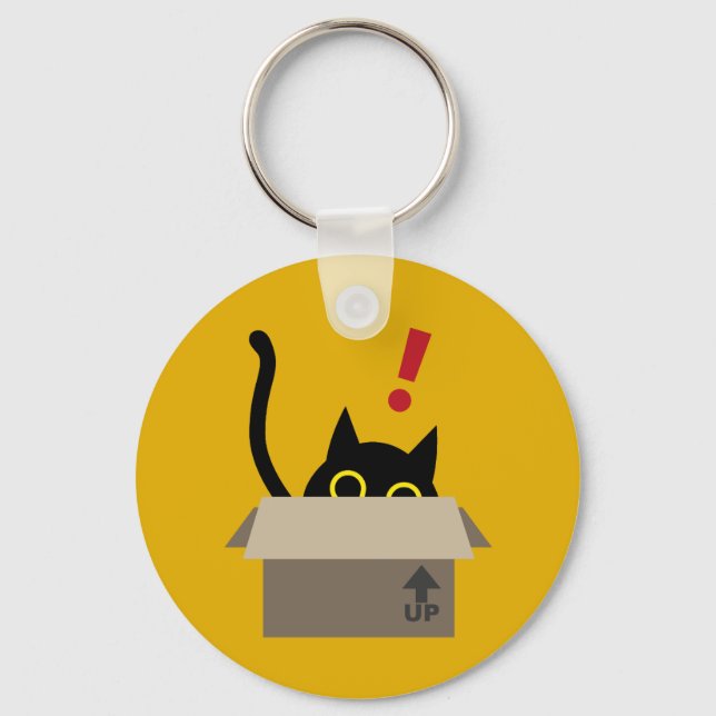 Funny Black Cat Peeking from Box Keychain (Front)