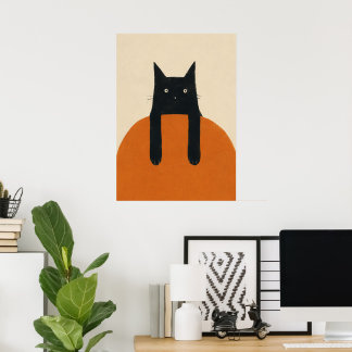 Funny Black Cat Peeking Minimal Mid Century Modern Poster