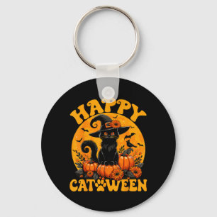 Funny Black Cat Pumpkin Witch Kitten Full Moon Key Ring