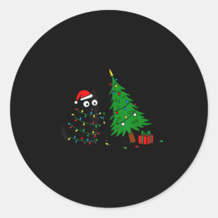 Funny Black Cat Pushing 67 Christmas Tree Over Cat Classic Round Sticker