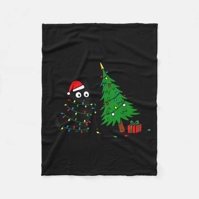 Funny Black Cat Pushing 67 Christmas Tree Over Cat Fleece Blanket (Front)