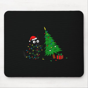 Funny Black Cat Pushing 67 Christmas Tree Over Cat Mouse Pad