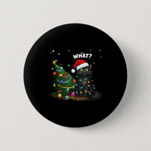 Funny Black Cat Pushing Christmas Tree  6 Cm Round Badge