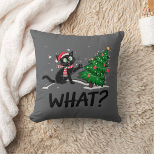 Funny Black Cat Pushing Christmas Tree Cat What? Cushion